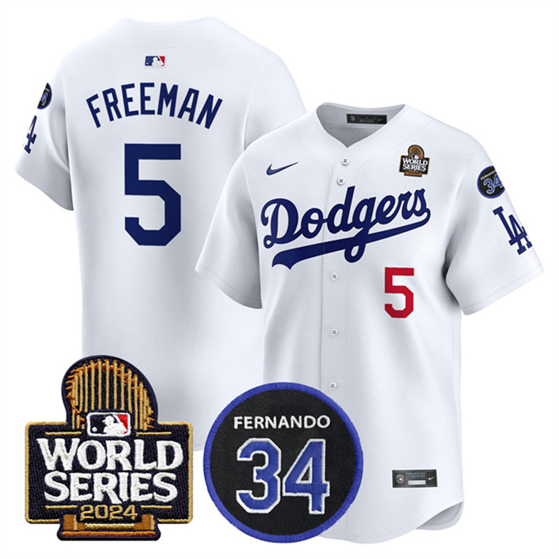 Men's Los Angeles Dodgers #5 Freddie Freeman White 2024 World Series With Fernando Memorial Patch Limited Stitched Baseball Jersey Men's Los Angeles Dodgers #5 Freddie Freeman White 2024 World Series With Fernando Memorial Patch Limited Stitched Baseball Jersey